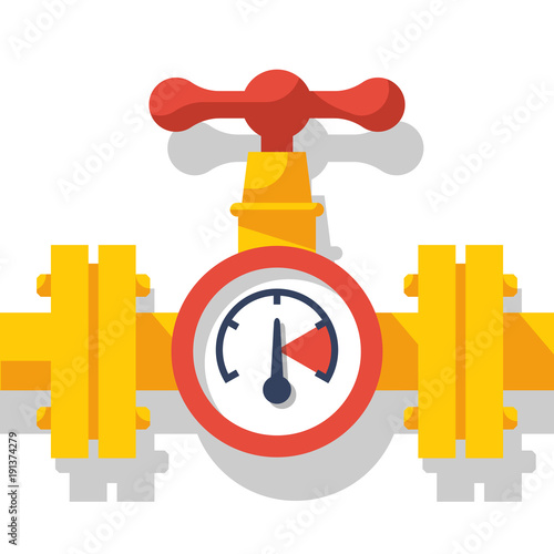 Gas pipeline with a valve and a manometer. Vector illustration flat design. Industry system isolated on white background. Wheel to open closing flow. Yellow pipe, cartoon style.