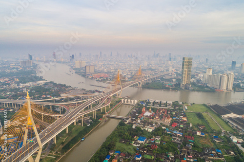 Modern bridge architecture with Chao phra ya river during sunrise © themorningglory
