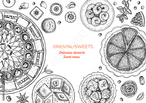 Oriental sweets vector illustration. Middle eastern food, hand drawn sketch. Linear graphic. Food menu background.