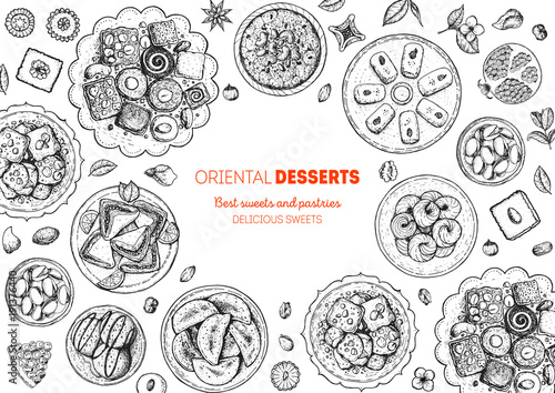 Oriental sweets vector illustration. Middle eastern food, hand drawn sketch. Linear graphic. Food menu background. Engraved style design template.