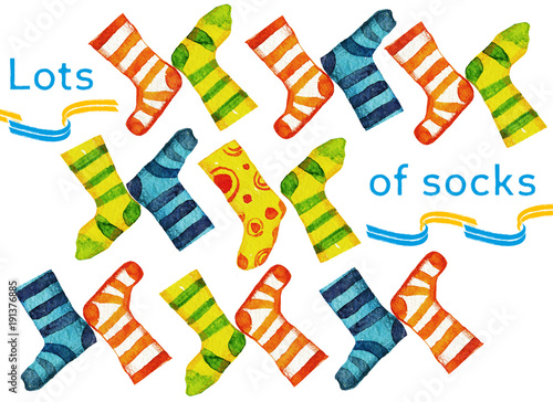 Lots of socks hand drawn watercolor illustration pattern for Down syndrome day