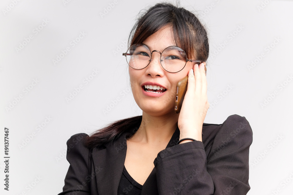 Business women talking with smartphone wear suit and gogles Business women talking with smartphone wear suit and gogles