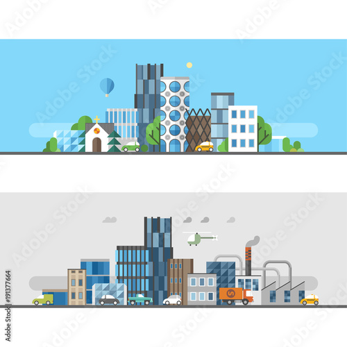 Ecology concept - two horizontal banners in flat design style. Green city. Polluted city.