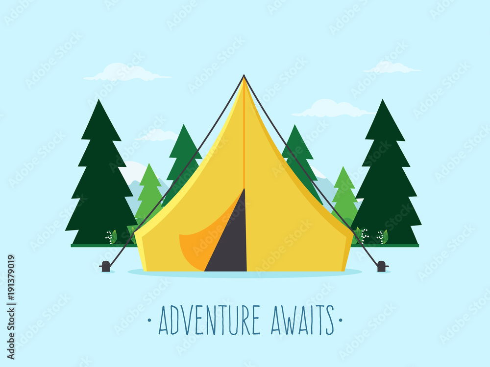 Tent in Forest and Adventure Awaits Text. Flat Design Style. Tent in Forest and Adventure Awaits Text. Flat Design Style.