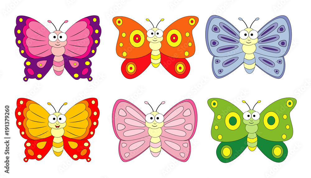 Set of 6 cartoon butterfly. Vector illustration isolation on white background. Set of 6 cartoon butterfly. Vector illustration isolation on white background.