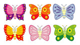 Set of 6 cartoon butterfly. Vector illustration isolation on white background.