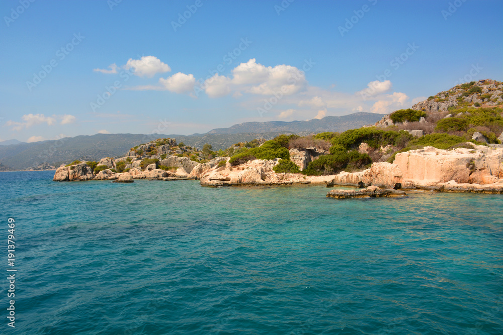 Sunken city of Kekova island in Turkey. Sights of Antalya province