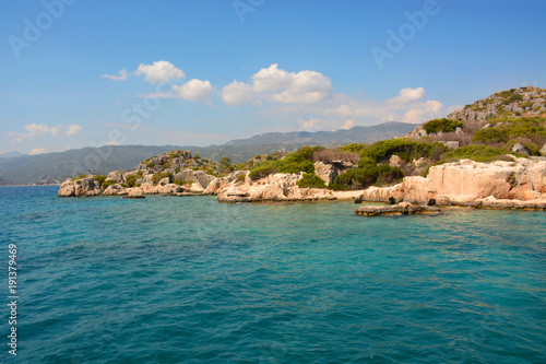 Sunken city of Kekova island in Turkey. Sights of Antalya province
