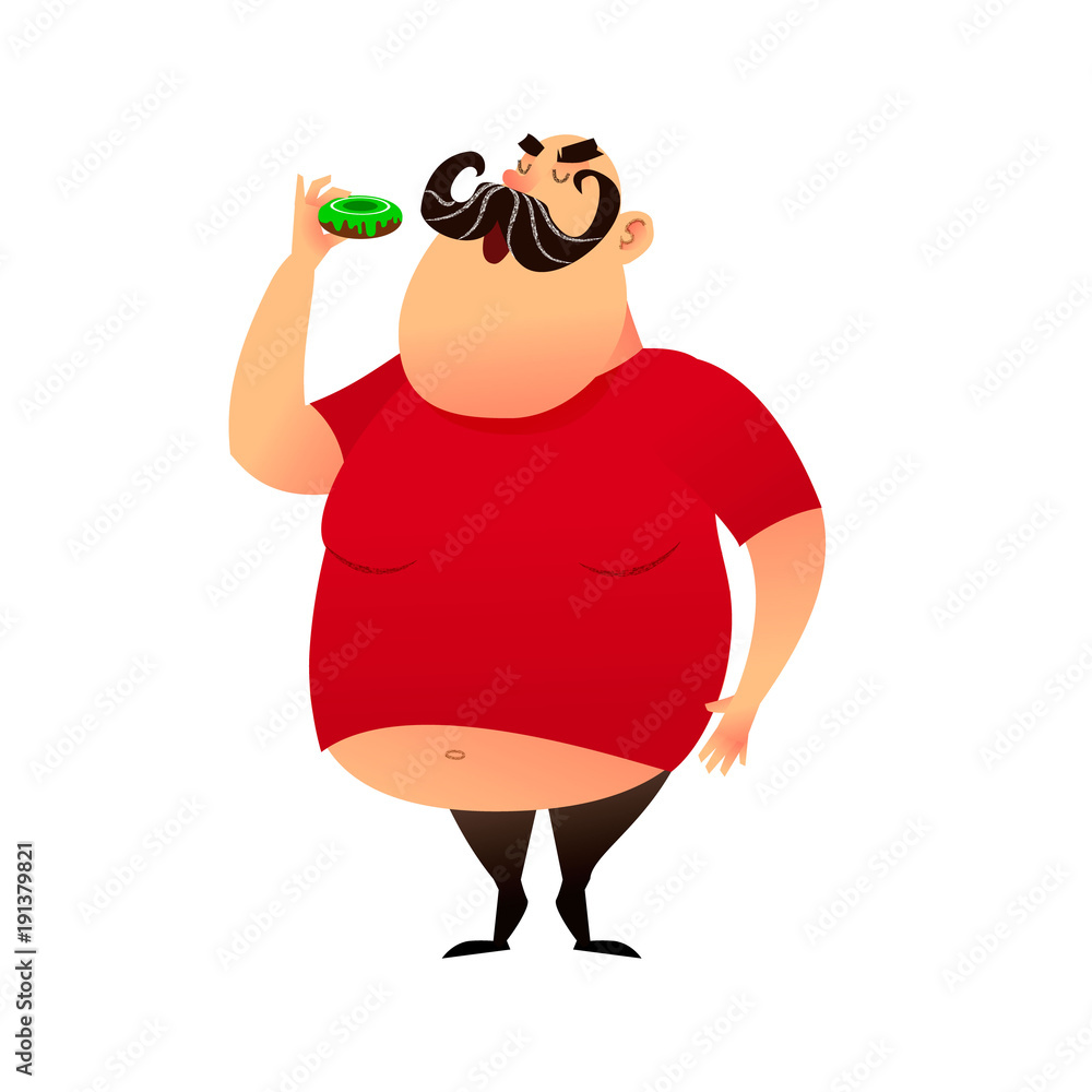 Fat guy takes a bite of a donut. Funny cartoon obesity man in a T-shirt