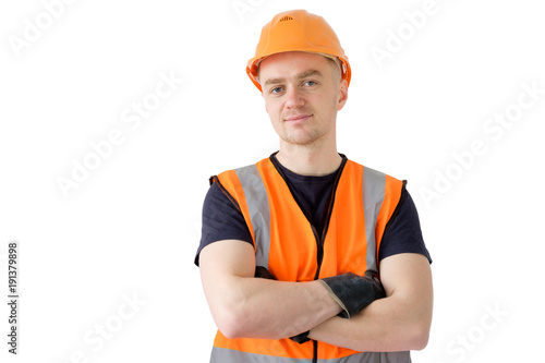 smiling builder worker in orange protectiive cask isolated on white