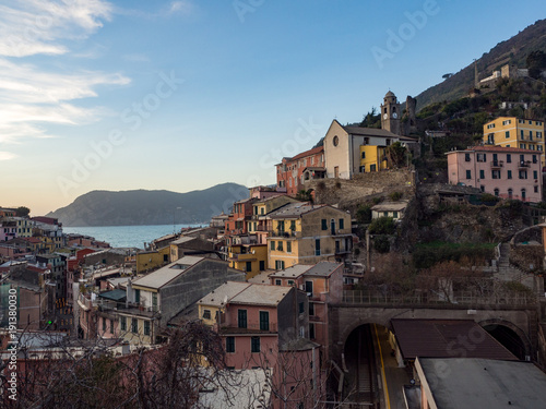View on the colorful houses along the coastline of Cinque Terre area in Vernazza, Italy, january 2018