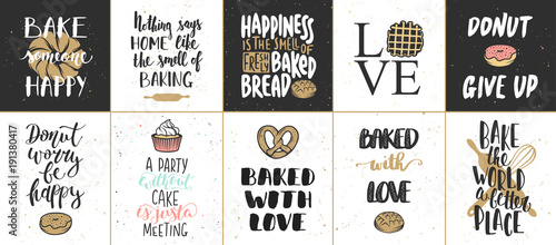 Set of vector bakery lettering posters, greeting cards, decoration, prints. Hand drawn typography design elements. Handwritten lettering. Modern ink brush calligraphy.