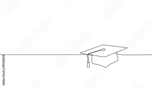 Single continuous line art graduation cap. Celebration ceremony master degree academy graduate design one sketch outline drawing vector illustration photo