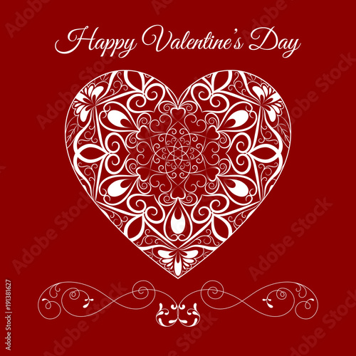 Vector Fretwork Floral Heart Over Red. Happy Valentines Day Holiday