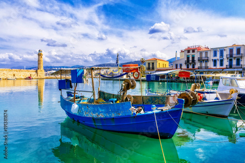 Pictorial colorful Greece series - Rethymnon with old lighthouse and boats, Crete