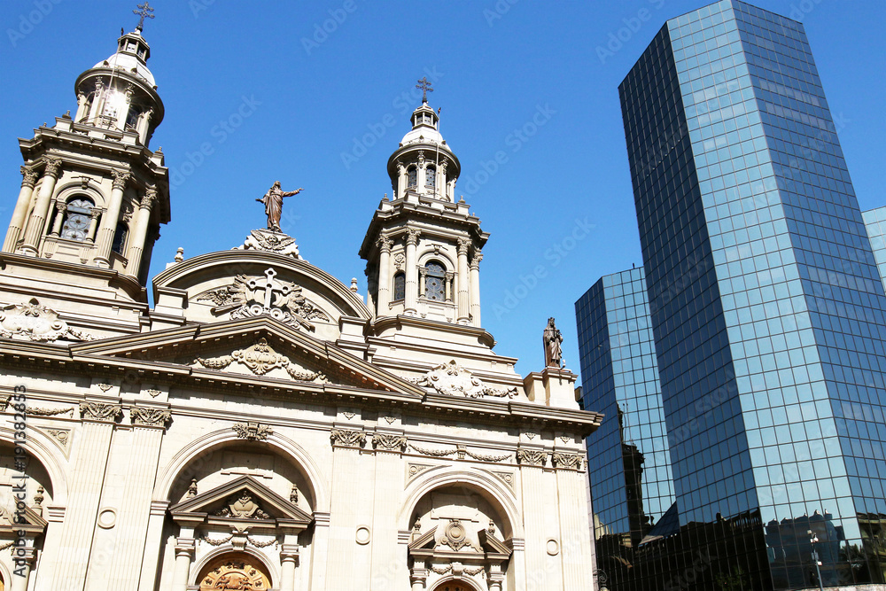 Obraz premium Old and New. Metropolitan Cathedral of Santiago, Archbishop of Santiago de Chile. At Plaza de Armas. Chile