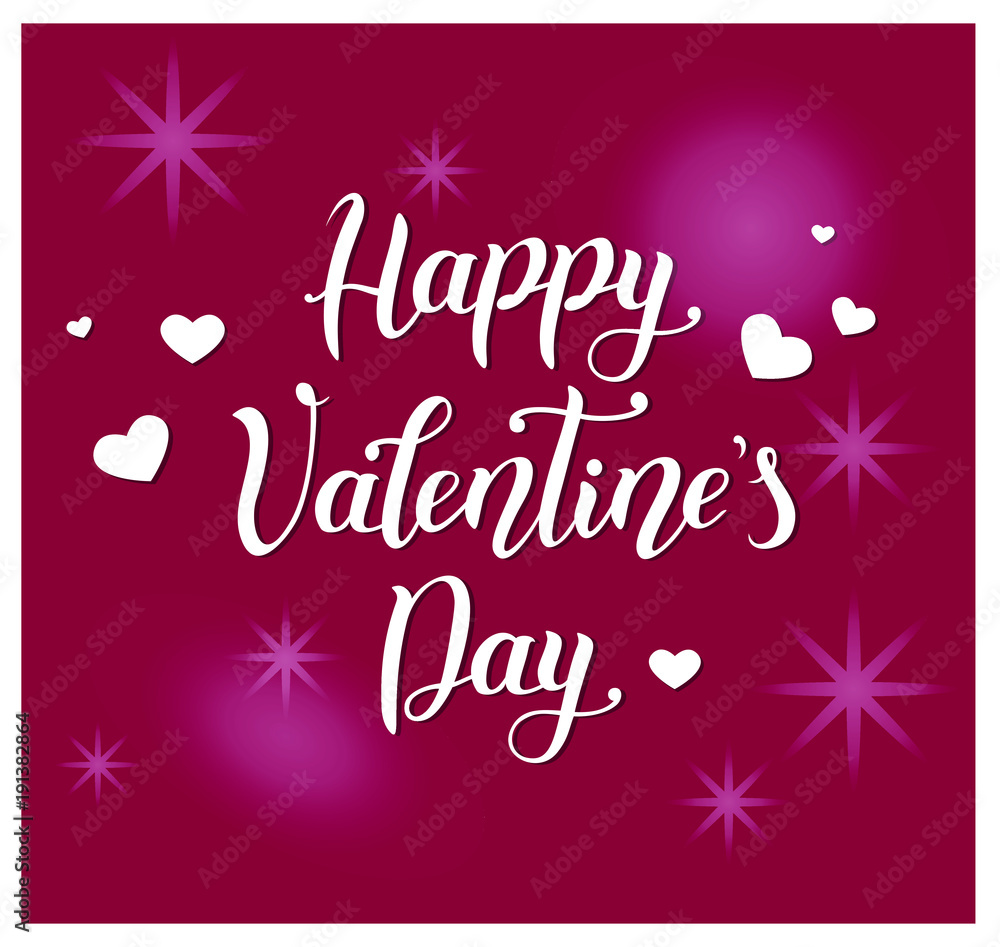 Modern handwritten calligraphy lettering of Happy Valentine's Day in white decorated with hearts on wine color background with stars for decoration, valentine, greeting card, banner, poster