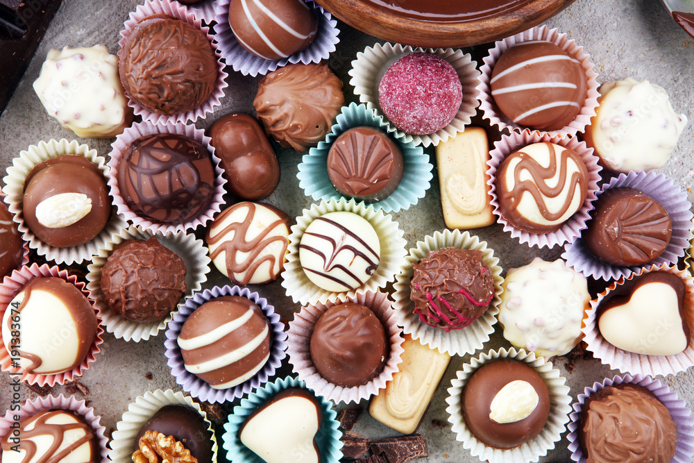 a lot of variety chocolate pralines, belgian confectionery gourmet chocolate a lot of variety chocolate pralines, belgian confectionery gourmet chocolate
