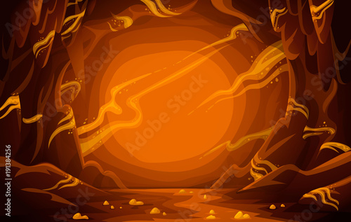 Treasury cave. Goldmine. Cave with gold. Cartoon mountain scene background.