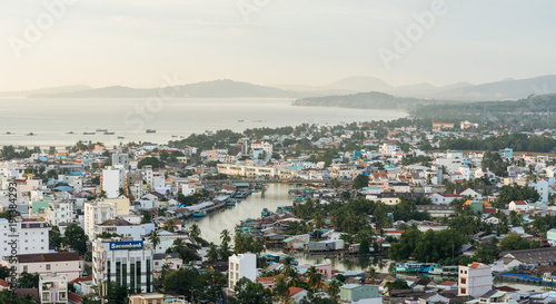 DUONG DONG, PHU QUOC, VIETNAM - NOVEMBER 14, 2017: Panoramic view from the high on town, sea, bay and hills