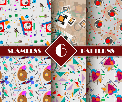 Vector 6 seamless patterns composition of geometric shapes on a gray background.
