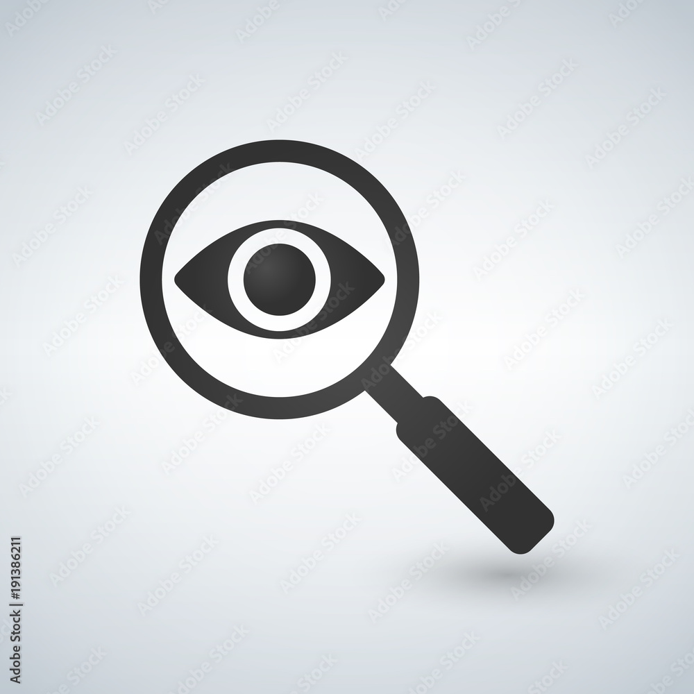 Magnifying glass with eye vector icon, isolated on white background. Magnifying glass with eye vector icon, isolated on white background.
