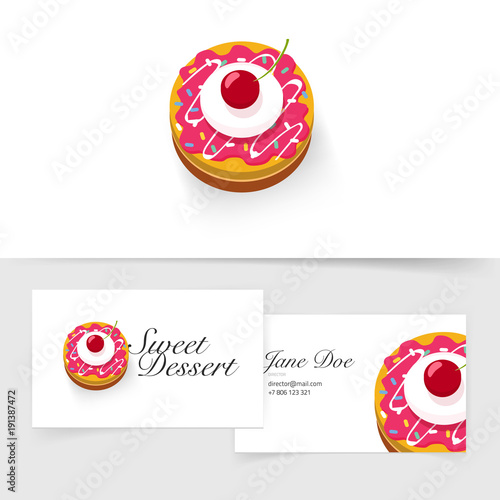 Delicious small cake with cherry vector icon or logo concept, flat cartoon sweet desert illustration isolated on white, idea of cupcake bakery logotype and business or visiting card template