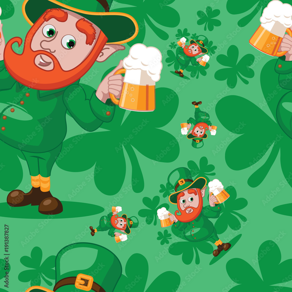 Naklejka premium Cute cartoon leprechaun holding two beers. Seamless pattern. EPS10 vector illustration.