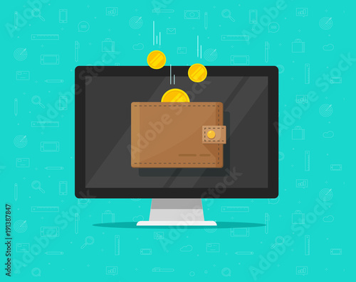 Online income money in electronic wallet vector illustration, flat cartoon golden coins flying in wallet on computer pc, concept of fund savings, cash earnings, financial success, digital wealth