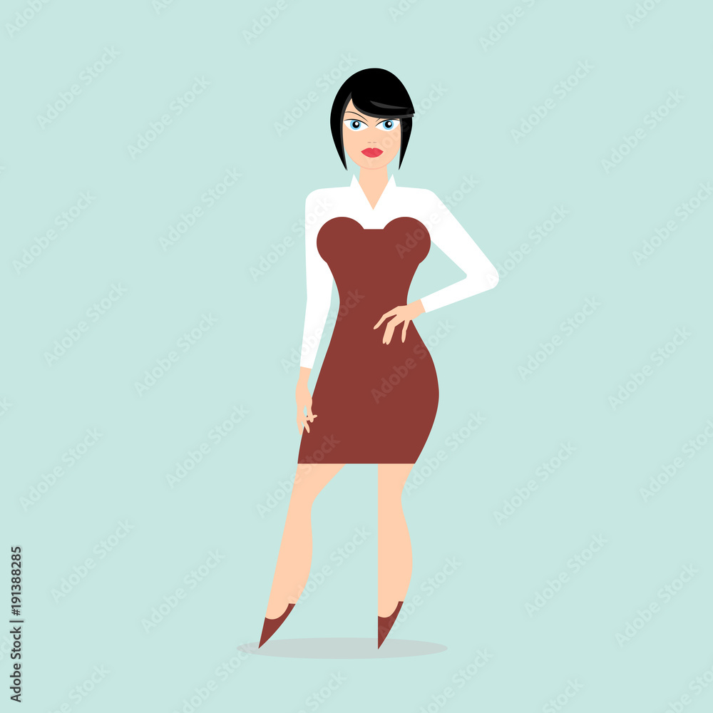 Young woman in modern dress. Design element for poster, banner or concept brochure. Abstract image in a flat design. Vector illustration isolated on light background Young woman in modern dress. Design element for poster, banner or concept brochure. Abstract image in a flat design. Vector illustration isolated on light background