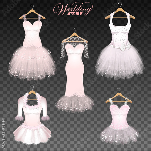 Wedding dresses on a hanger on transparent background