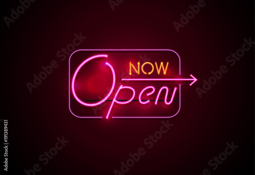 neon sign open now glowing on wall background vector illustration photo