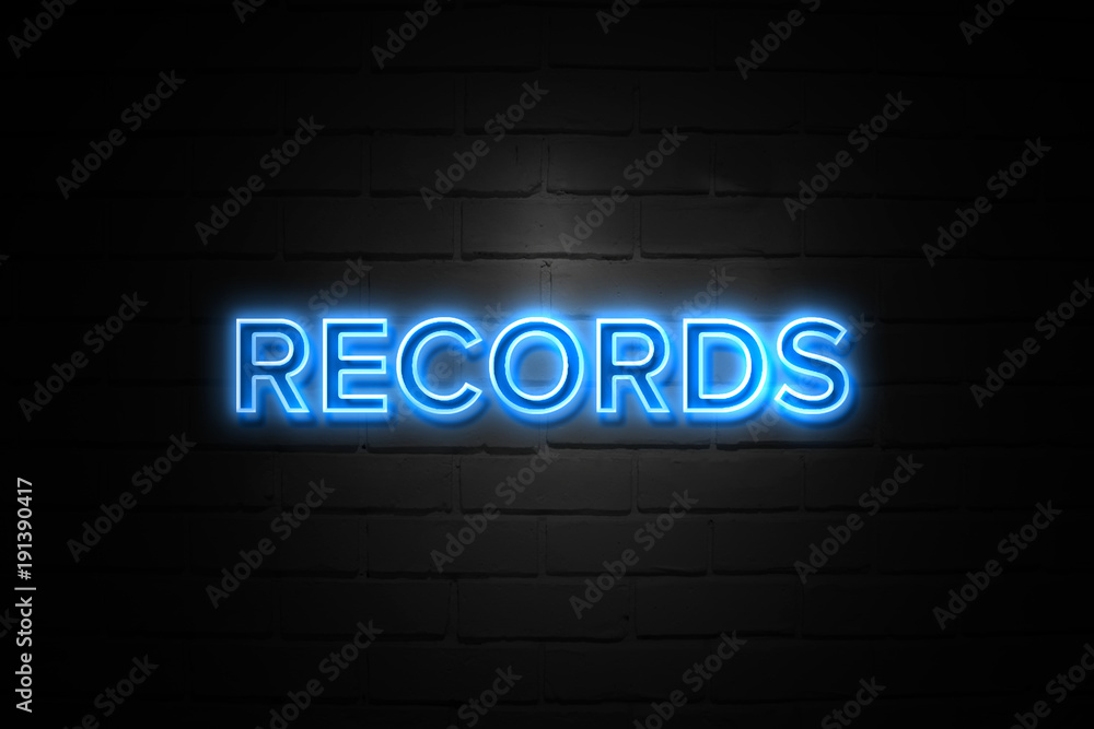 Records neon Sign on brickwall Records neon Sign on brickwall