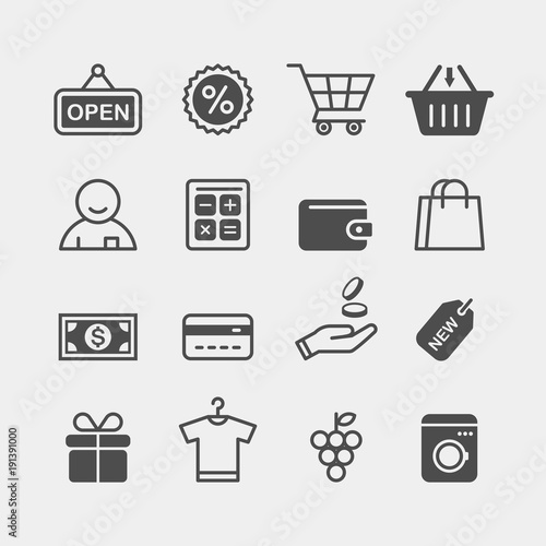 Shopping flat vector icons set. Shopping spree flat vector icons set. In a store flat vector icons set