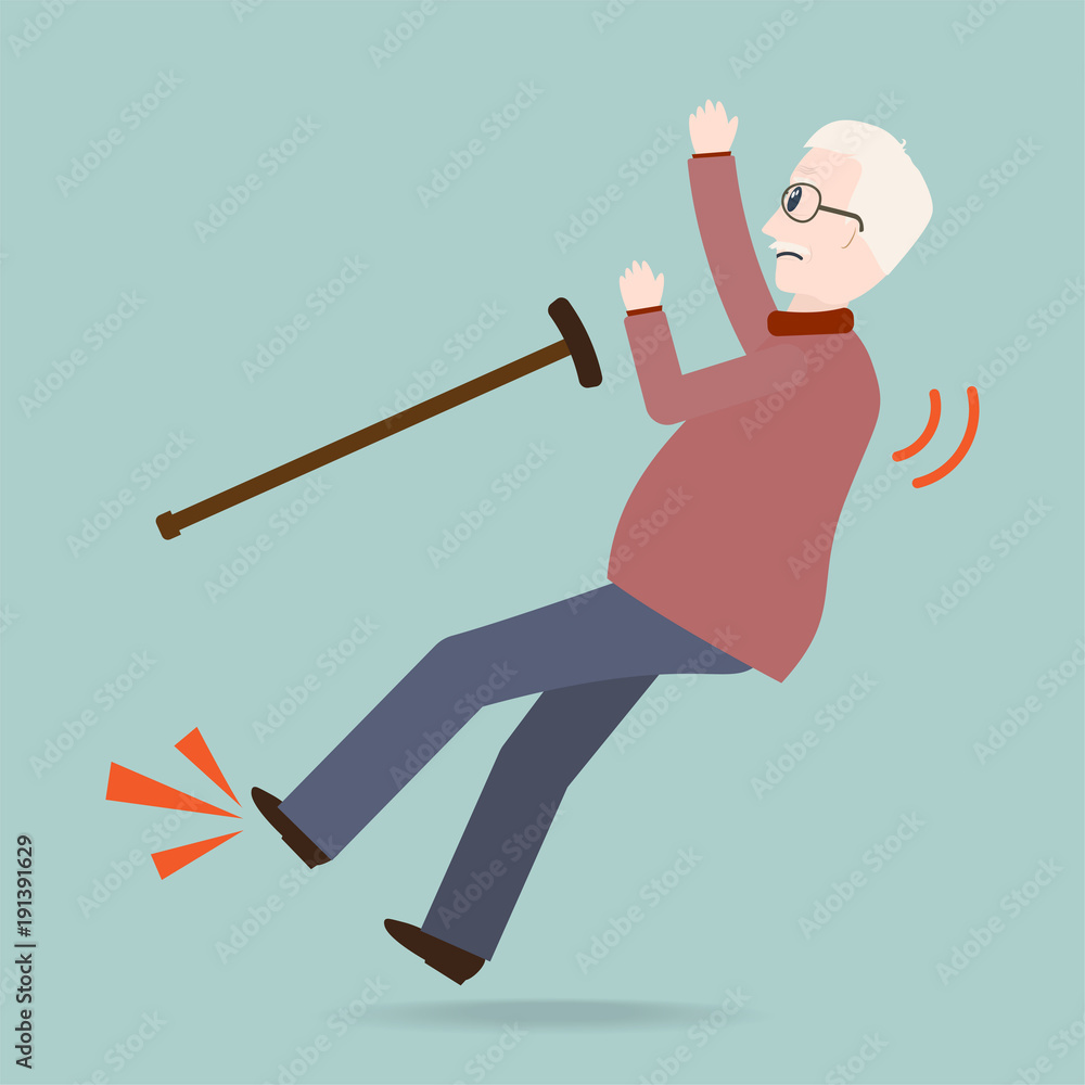 Elderly man with stick and slip injury, person injury icon