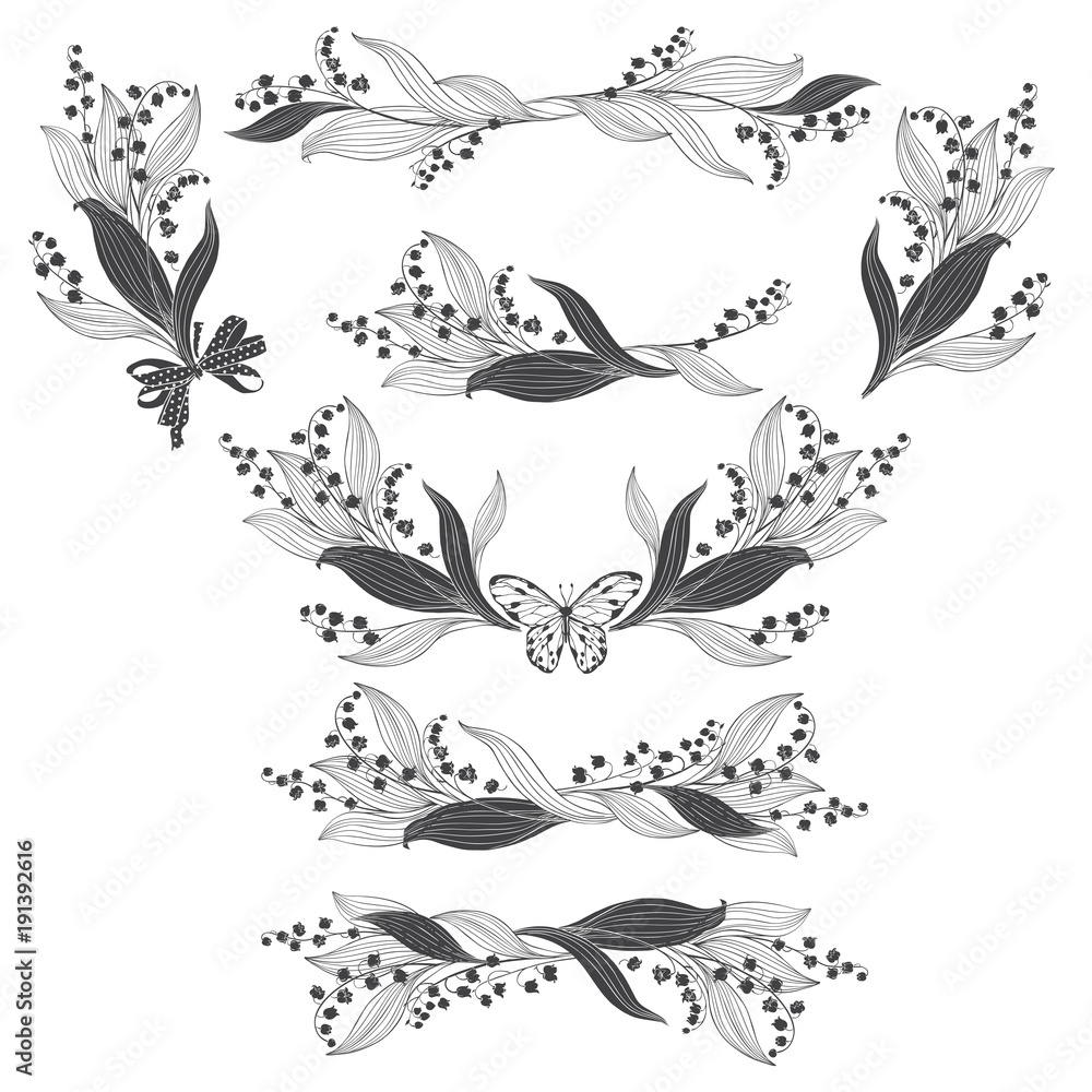 Floral arrangement with lily of the valley flowers. Vector illustrations, isolated  elements for design. Monochrome illustrations on white background.