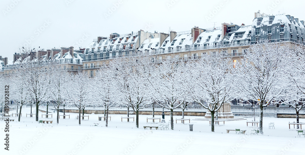 Fototapeta premium Paris under the snow during the winter, France