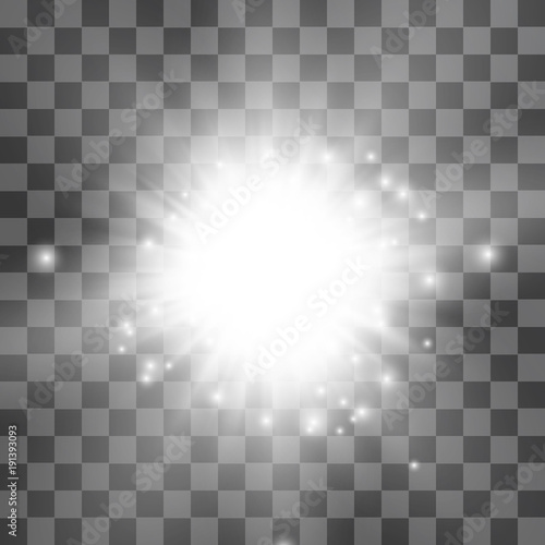 White glowing light burst on transparent background. Vector illustration.