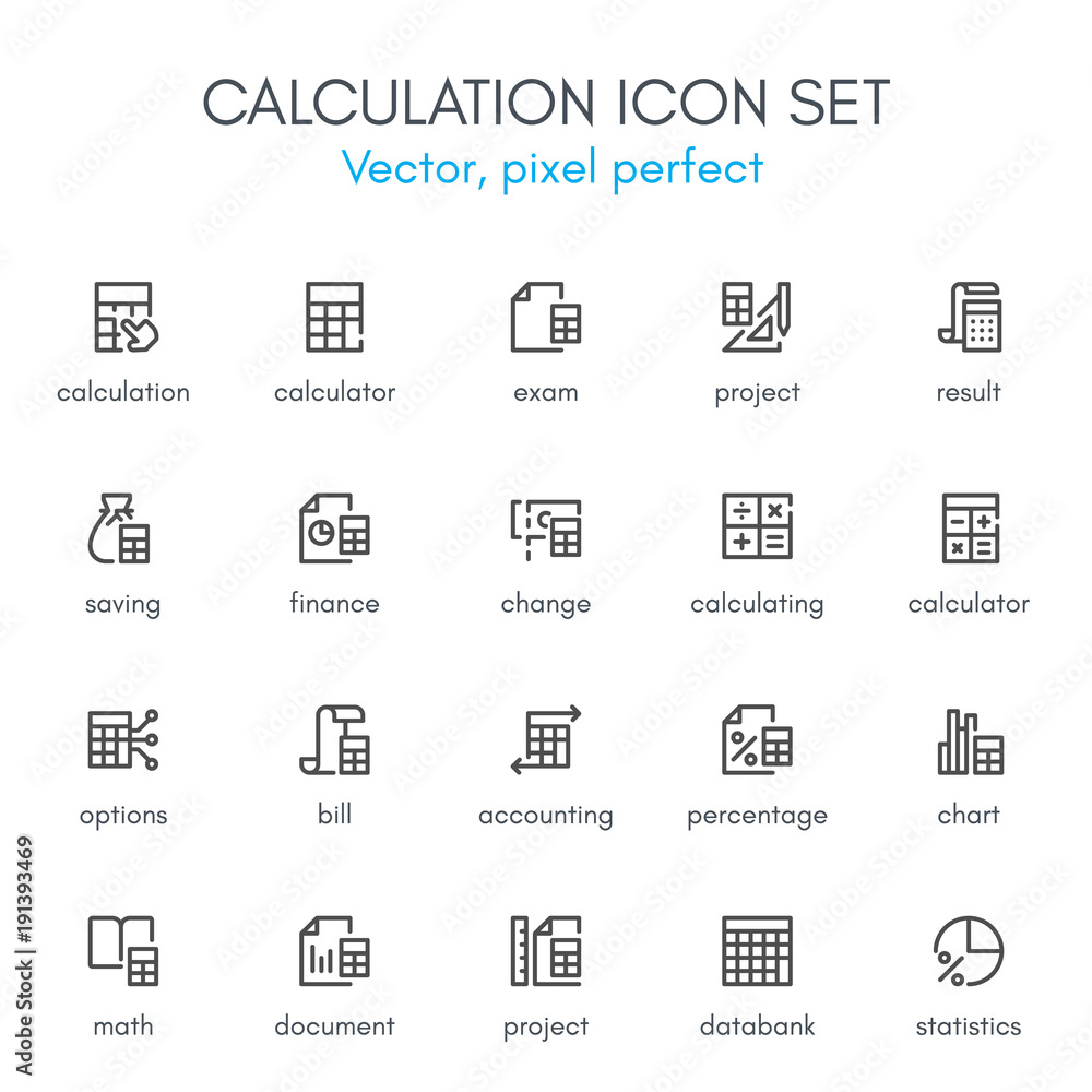 Calculation theme, line icon set.