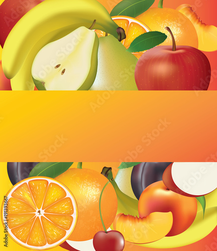 Fruits background with orange banner, vector