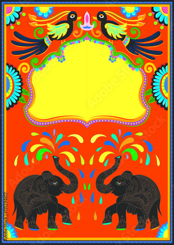indian frame with birds, elephant and flowers