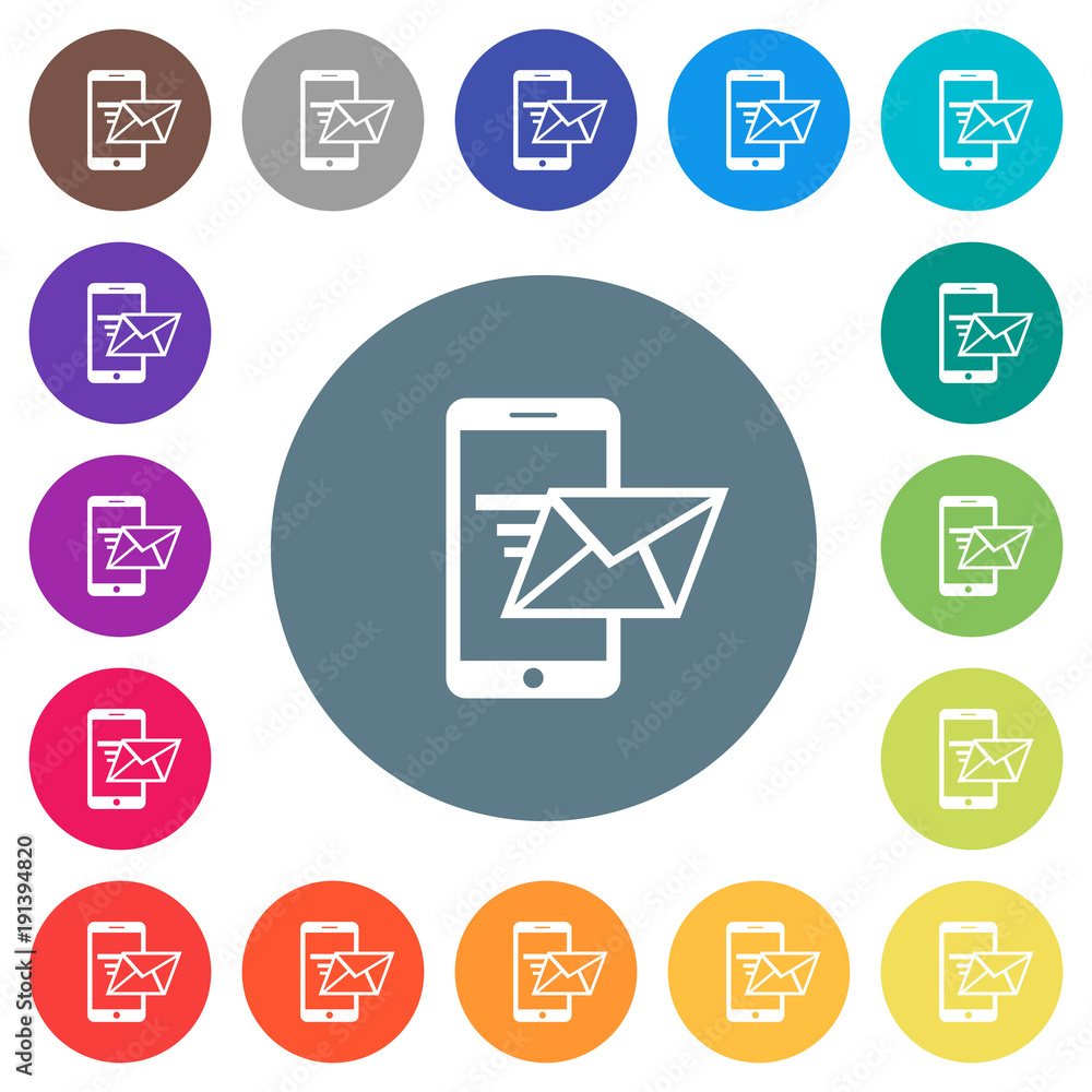 Sending email from mobile phone flat white icons on round color backgrounds Sending email from mobile phone flat white icons on round color backgrounds