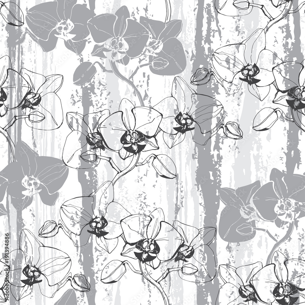 Fototapeta premium Floral seamless pattern with orchids. Black and white vector illustration. Silhouettes.
