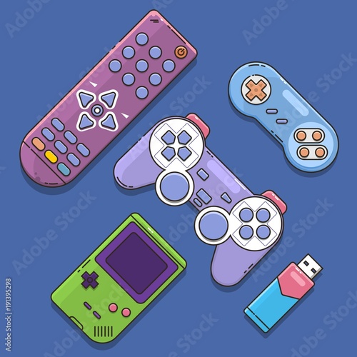 Game joystick and controller set.. Control console for video game.Vector illustration
