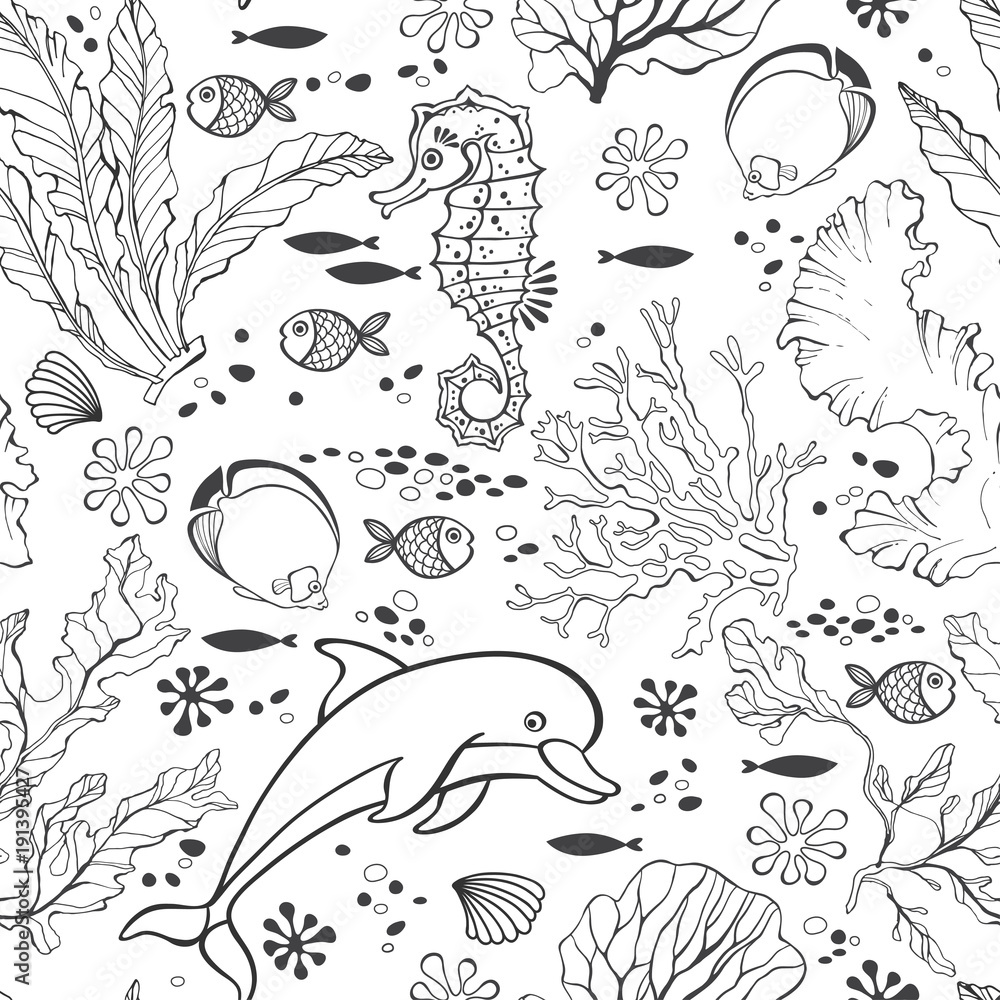 Underwater world. Seamless pattern with seahors, dolphin and plants. Black and white vector illustration. Underwater world. Seamless pattern with seahors, dolphin and plants. Black and white vector illustration.