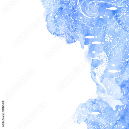 Marine background with seahorse and plants.  Vector illustration with place for text on and  blue watercolor element. Invitation, greeting card or an element for your design.