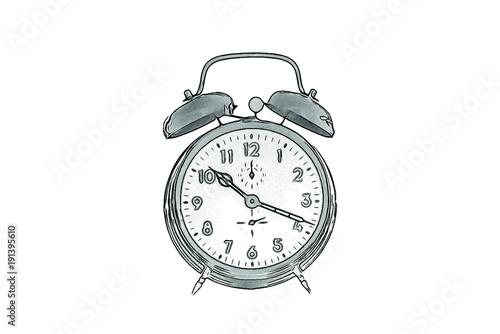 Drawing of an alarm clock in black and white