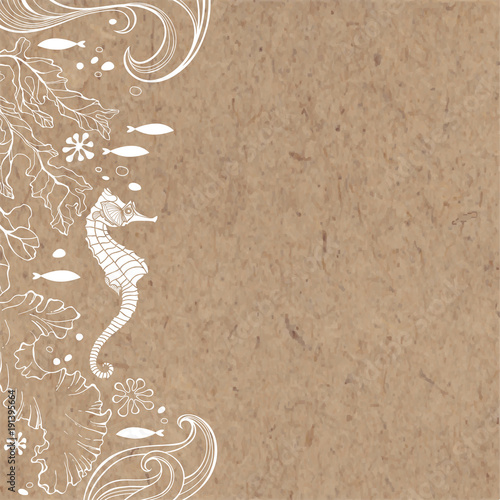 Marine background with seahorse and plants. Vector illustration with place for text on a kraft paper. Invitation, greeting card or an element for your design.