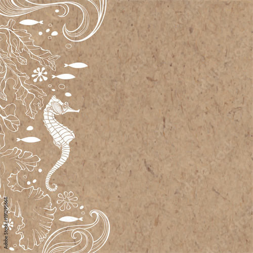 Marine background with seahorse and plants.  Vector illustration with place for text on a kraft paper. Invitation, greeting card or an element for your design.