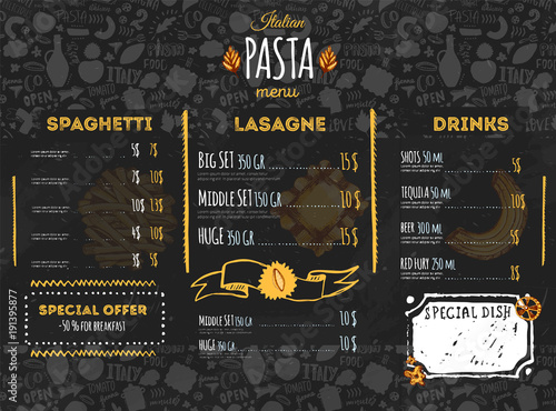 Italian pasta menu design for restaurant and cafe. Template with sketch hand drawn spaghetti pattern on dark chalkboard